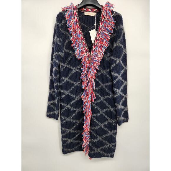 NWT Tory Burch Tweed Trim Long Cardigan Size S Navy Fringe Knit $898 #2K501 - Picture 2 of 13